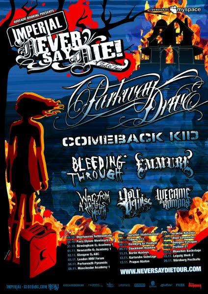 Tour Flyer for Never Say Die Euro Tour With Comeback Kid and Parkway Drive